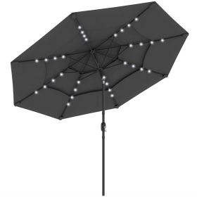 9.7 ft Outdoor Patio Umbrella with Solar LED Lights, 3 Tier Outdoor Table Umbrella with Tilt, Crank, Black