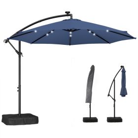 10 ft Cantilever Patio Umbrella with Light, Weight, Offset Hanging Outdoor Umbrella with Protective Cover, Dark Blue