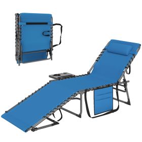 Folding Outdoor Chaise Lounge Chair Tanning Chair with 5-Level Adjustable Back, Side Table, Pillow, Pocket, Blue