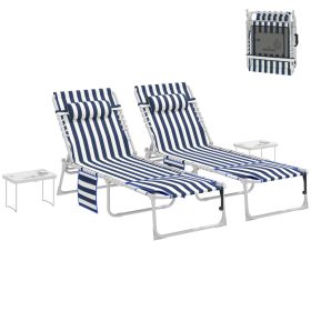 Tanning Chair Set of 2 with Face Hole and Side Table, 5-Position Folding Outdoor Chaise Lounge Chair, Blue and White
