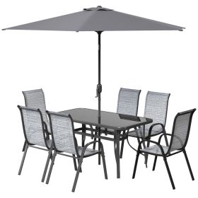 8 Pieces Patio Furniture Set with 9Ft Patio Umbrella, Outdoor Dining Table and Chairs, Mixed Gray