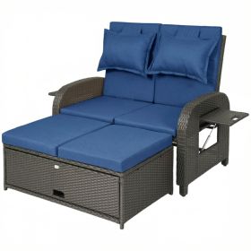 Patio Rattan Daybed, Wicker Outdoor Daybed with Storage Ottoman, Loveseat w/ Adjustable Backrest, Side Tables, Navy Blue