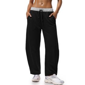 Fisoew Womens Wide Leg Sweatpants Baggy Drawstring Elastic Waisted Travel Track Pants Color Block Joggers With Pockets (Option: Black-XXL)