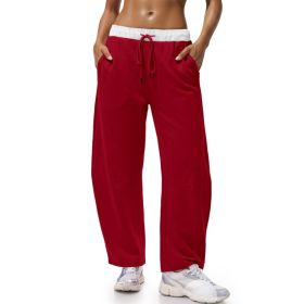 Fisoew Womens Wide Leg Sweatpants Baggy Drawstring Elastic Waisted Travel Track Pants Color Block Joggers With Pockets (Option: Red-XXL)